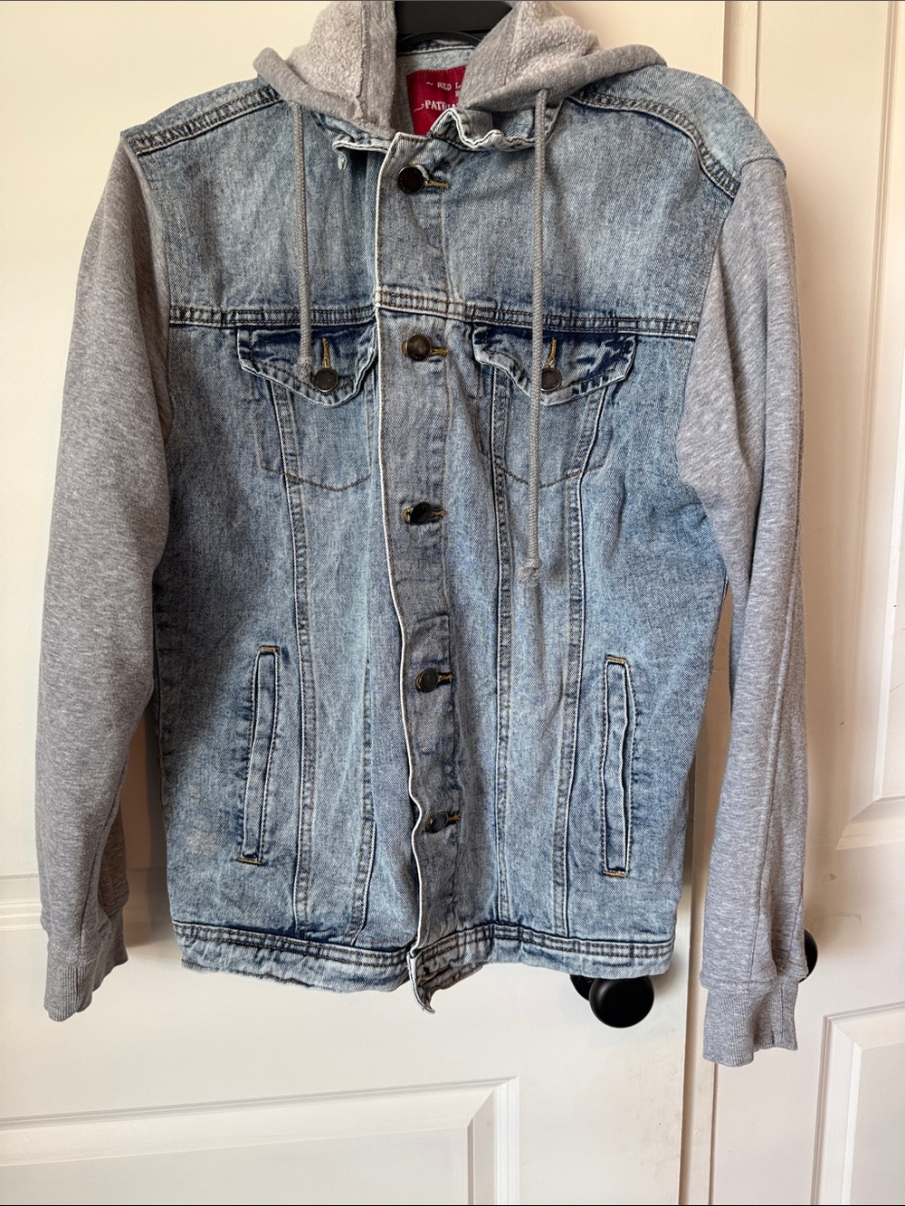 Light Blue Denim Shirt Jacket with Gray Hoodie Sleeves